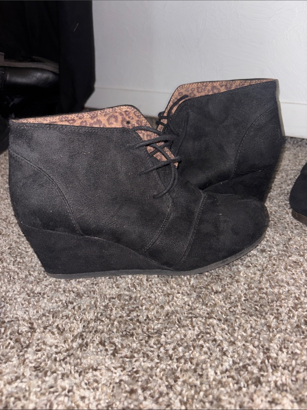 Cityclassified Black Suede Lace-Up Wedge Booties with Leopard Interior